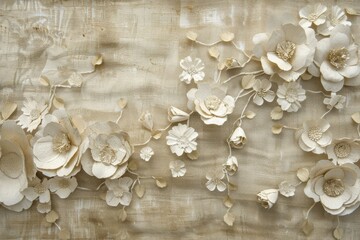 Handmade Floral Cut Paper Artwork on Rough Linen: Shabby Chic Elegance AI Image
