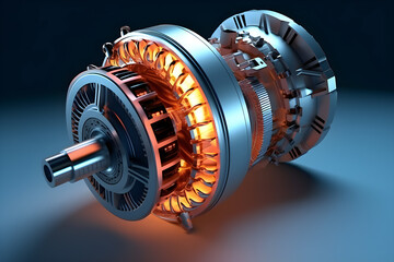 3D illustration metal silver  gears  on blue  isolated background. Bearing industrial, part of the car ,  generated by AI. 3D illustration - obrazy, fototapety, plakaty
