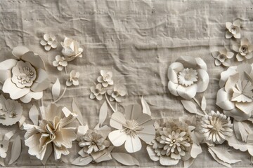 Fototapeta premium Elegance of Shabby Chic: Handmade Floral Cut Paper Artwork on Rough Linen AI Image