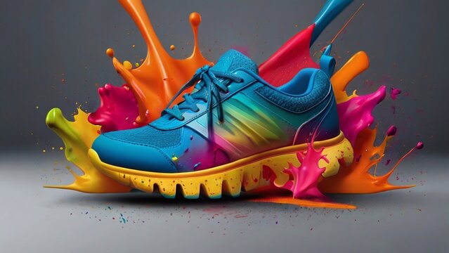 capture the vibrant essence of trendy living with our dynamic lifestyle banner featuring stylish shoes amidst a burst of colorful splashing shapes.