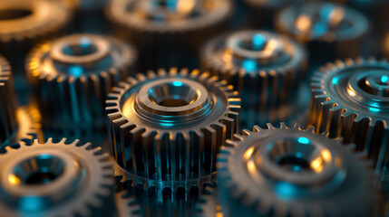 A complex illustration of interlocking mechanical gears. Emphasis is placed on precision and complexity of design, mechanical engineering.
