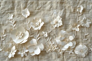 Handmade Floral Cut Paper Artwork on Rough Linen Shabby Chic Elegance AI Image