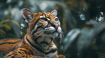 closeup of an Ocelot sitting calmly, hyperrealistic animal photography, copy space for writing
