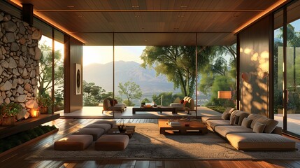 Modern Living Room with Panoramic Mountain View at Sunset - obrazy, fototapety, plakaty