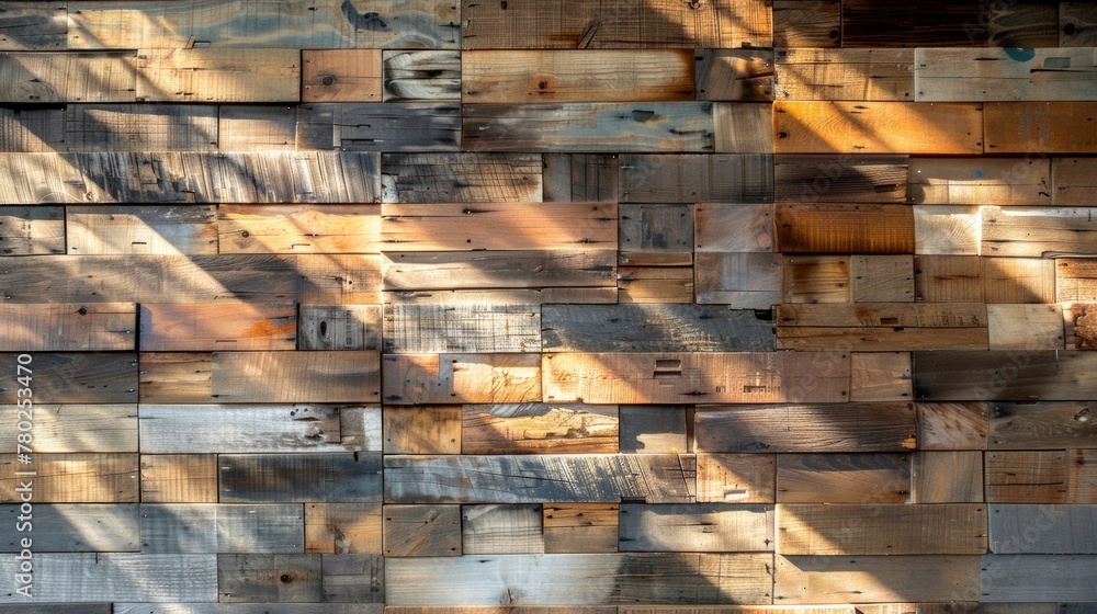 Poster a rustic accent wall made entirely of reclaimed wood panels each one varying in color and texture. s