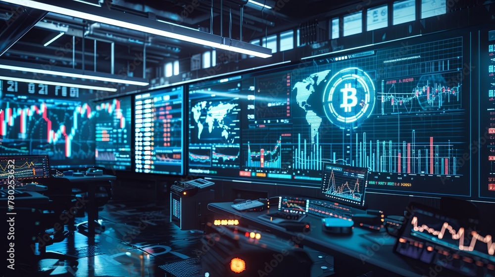 Poster a futuristic trading floor with multiple screens displaying live cryptocurrency trading data and glo