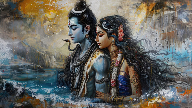 Lord shiva and parvathy oil painting