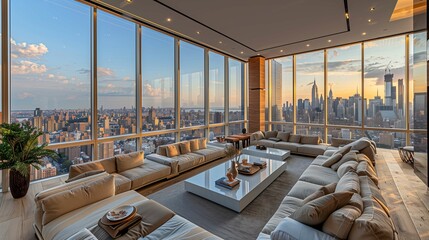 Obraz premium Modern Penthouse Living Room with City Skyline View at Sunset