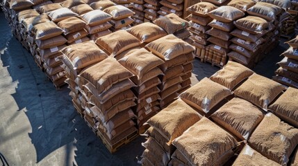 A view from above of a large warehouse filled with stacks of wooden pallets loaded with bags of biomass pellets. The bags are being loaded onto a truck ready to be transported to a . - obrazy, fototapety, plakaty