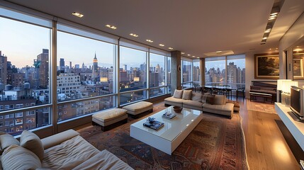 Luxurious Urban Apartment Interior with Cityscape View at Twilight - obrazy, fototapety, plakaty
