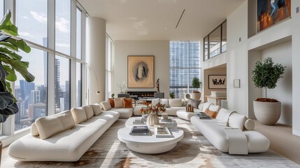 Fototapeta na wymiar Modern Living Room with City View and Designer Furniture
