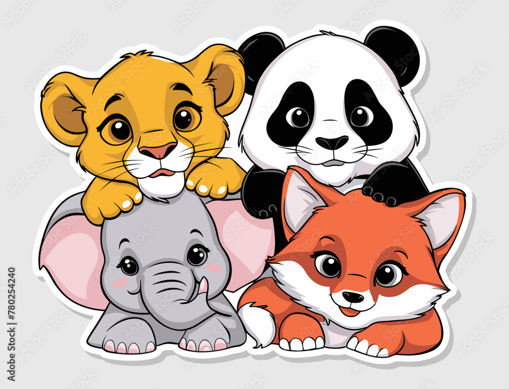 Canvas Prints Set of cute baby animal in sticker vector illustration art. Generative AI