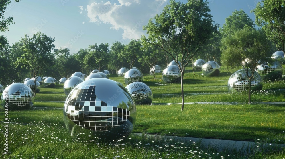 Poster a group of spherical solar panels p on a large field with trees and greenery in the background showc