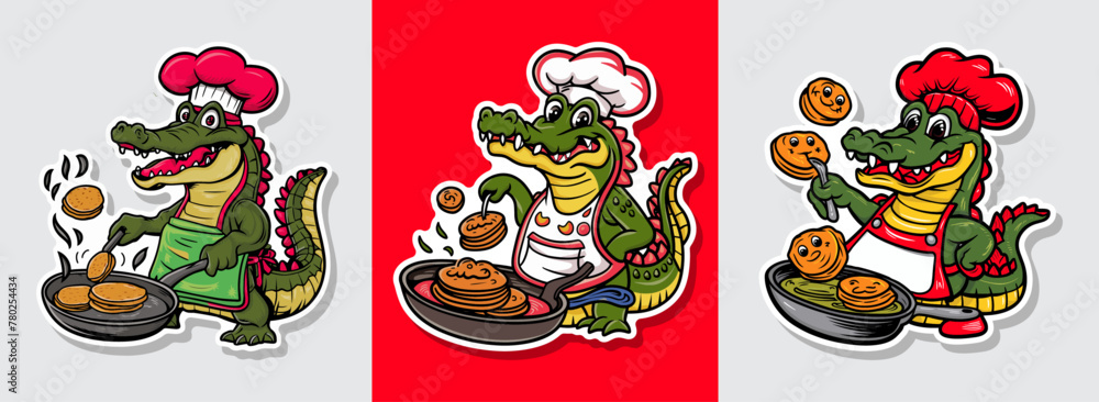 Sticker Set of alligator chef cooks pancakes in a fun sticker vector illustration. Generative AI