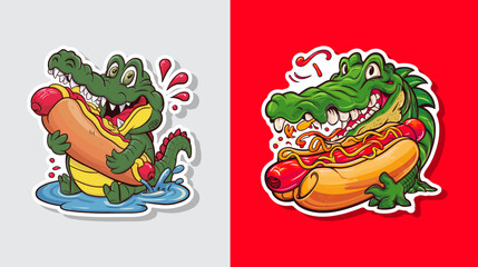 Happy alligator enjoys a big hot dog with excitement vector illustration. Generative AI