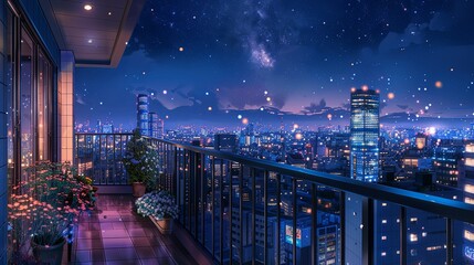 A breathtaking balcony view over a bustling cityscape at night, with a vivid starry sky stretching above, complemented by vibrant flowers. Starry Night Sky Over Urban Balcony View lofi anime cartoon

