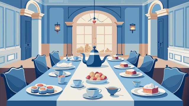 An elegant dining room in a stately English manor where guests are served a lavish spread of scones jams and clotted cream along with a variety