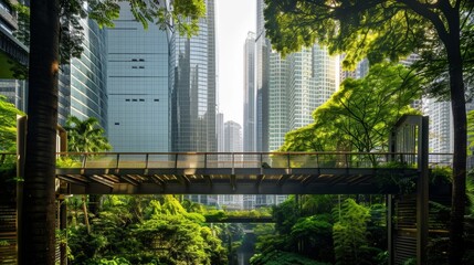 Against a backdrop of sleek glass buildings a steel bridge spans over a lush green park filled with locals enjoying the outdoors. . .