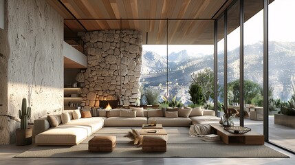 Fototapeta premium Modern Living Room with Panoramic Mountain View