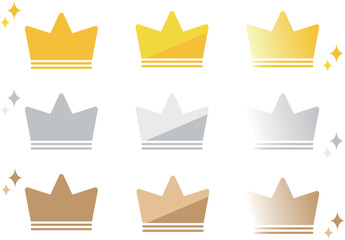 金・銀・銅のかわいい王冠のアイコンセット - obrazy, fototapety, plakaty