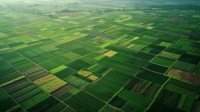 An aerial shot of a sprawling farm complex shows a variety of crops growing side by side with no visible signs of pests or disease. This image captures the success of the Green Revolution .