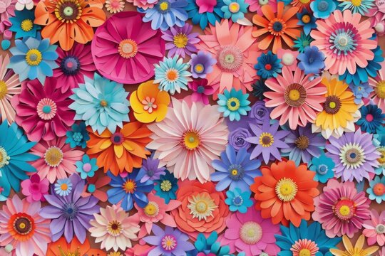 Vibrant cut paper flowers seamless pattern with whimsical delight. Handmade design. AI Image