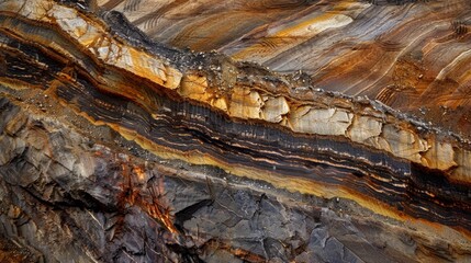 A striking image of a vast open pit mine that seems to stretch on endlessly. The magnitude of the impact on the land is evident in this portrait as an entire landscape has been reshaped .