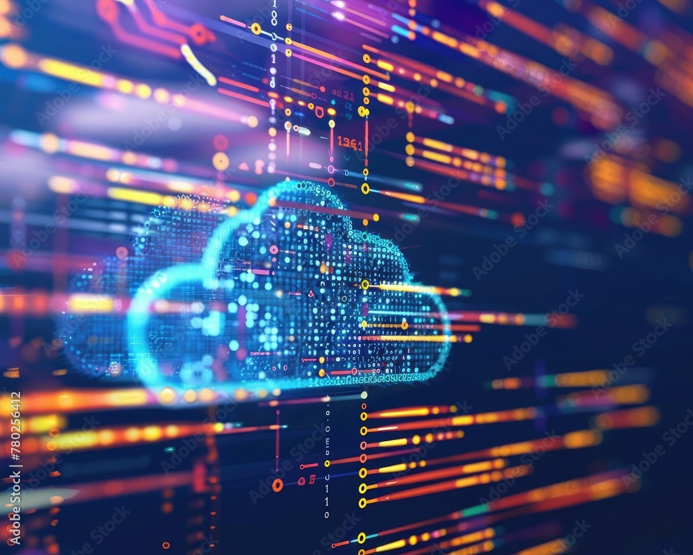 Poster closeup, cloud computing code on a computer screen, developing ecommerce solutions, minimalist