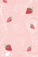 Strawberry on abstract pink background with hand drawn elements. Template for banner, poster, bar, cocktail. Illustration of a drink for menu or packaging design.