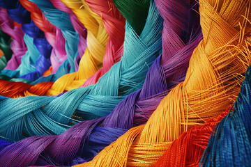 A colorful array of yarns with different colors and textures