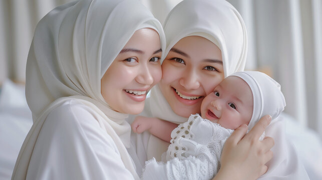portrait of a beautiful Muslim Asian females with an adorable baby, hibah, takaful, mother's day, hijab mother, bonding love, I love you, joy expression, Muslim Family, mom and daughter, Eid celebrati