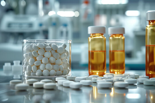 White Pills pharmaceutical advertisement pills in laboratory allopathic medicine