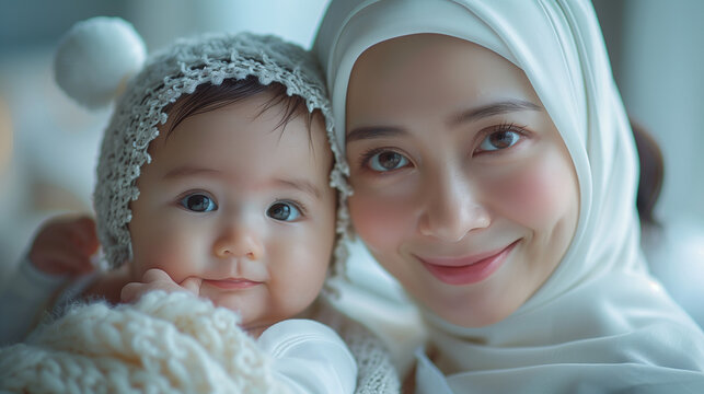 portrait of a beautiful Muslim Asian mother with an adorable baby, hibah, takaful, mother's day, hijab mother, bonding love, I love you, joy expression, Eid celebration, ramadan, Hari Raya, Aidilfitri