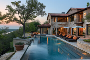Fototapeta na wymiar Modern villa with a swimming pool 3D rendering outdoor