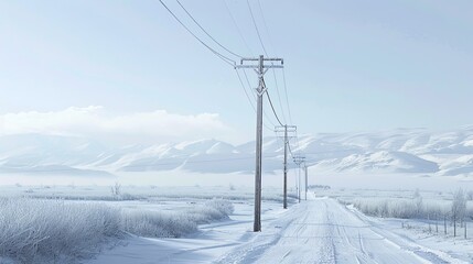 A tranquil, snow-blanketed landscape with power lines running alongside a solitary road amidst gently rolling winter hills. Snow-Covered Road with Power Lines in Winter

