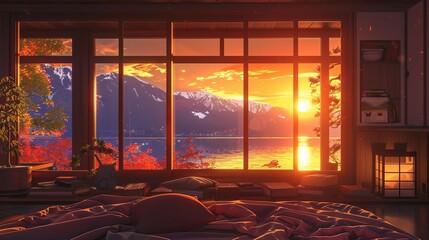 A traditional Japanese bedroom with futon bedding and sliding doors, offering a stunning sunset view over a tranquil mountainous lake Sunset View from Traditional Japanese Bedroom lofi anime cartoon

 - obrazy, fototapety, plakaty