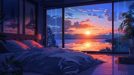 A romantic bedroom setting with a large window captures the enchanting moment of sunset over a serene lake, perfect for relaxation. Sunset Serenade in a Lakefront Bedroom lofi anime cartoon

