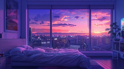 This modern bedroom boasts an impressive cityscape view framed by a stunning twilight sky, evoking a serene urban evening. Urban Twilight Ambiance in Modern Bedroom lofi anime cartoon

 - obrazy, fototapety, plakaty