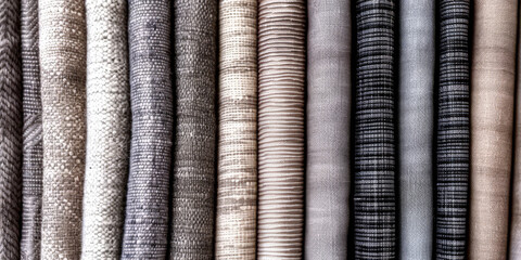  A variety of fabric samples in neutral tones, beige and gray different color clots texture background, multicolor textiles fabric