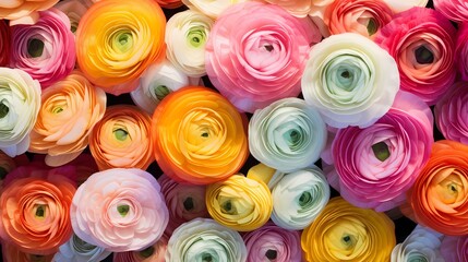 Top-down perspective of vibrant ranunculus flowers in various hues, offering a serene backdrop for your customized message.