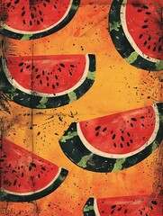 Watermelon slices pop art, on a whimsical sepia tropical sunset gradient, blending summer nostalgia with a modern twist