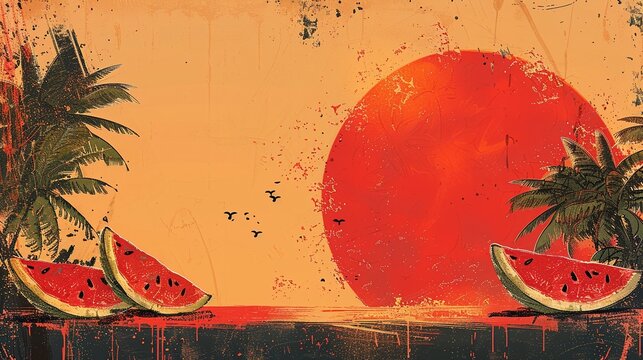 Sepia tropical sunset gradient background with watermelon slices in a pop art style, evoking a whimsical, retro mood