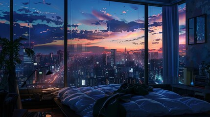 The warmth of dusk sets the scene in this high-rise bedroom, where a floor-to-ceiling window offers a majestic view of the city's twilight skyline. lofi anime relaxing cartoon - obrazy, fototapety, plakaty