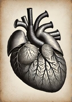 vintage science, an ink painting style scientific drawing for a human heart for an anatomy book vintage drawings
