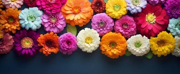 Top view of a vibrant assortment of zinnias against a solid background, ready for your customized text. - obrazy, fototapety, plakaty