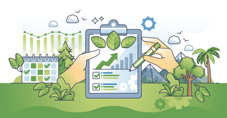 Sustainability reporting and ecological statistics outline hands concept. Corporate ESG analysis with climate impact calculation vector illustration. Nature friendly green practices measurement. - obrazy, fototapety, plakaty