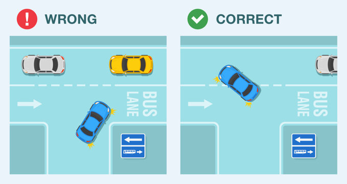 Safe driving tips and traffic regulation rules. Correct and wrong entering the street with bus lane. Contraflow bus lane sign area. Flat vector illustration template.