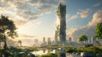 A towering skyscraper rises amidst a landscape rich with renewable energy