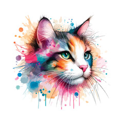 Watercolor Cat Head For T-shirt Print
