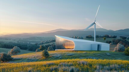 a building in a picturesque renewable energy setting